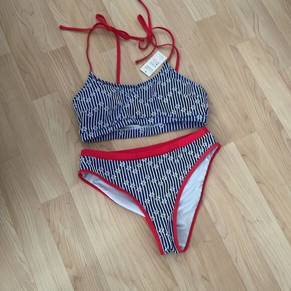 Cupshe Striped Floral Colorblock Bikini Bralette & Cheeky Bottoms Set - Picture 8 of 8